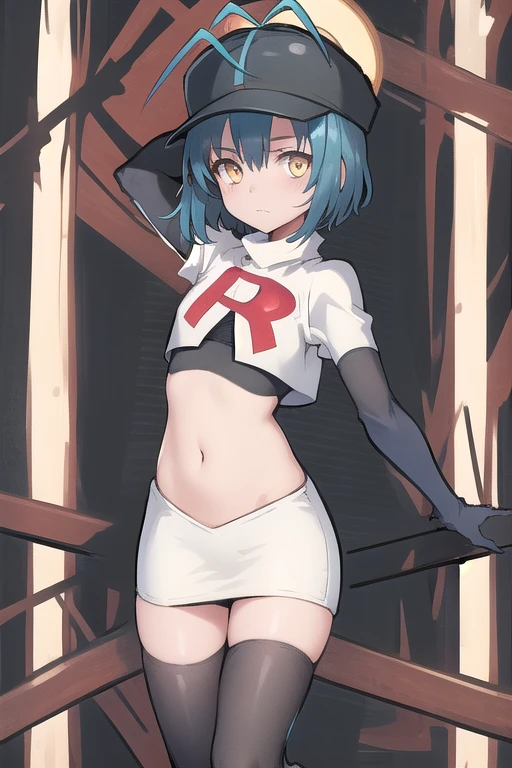 best quality, (masterpiece:1.2), illustration, absurdres, (1girl), (beautiful detailed girl),
Millium Orion, blue hair, short hair, antenna hair, ahoge, yellow eyes,  flat chest,
black hat, headwear,
team rocket,team rocket uniform,white skirt,red letter R,crop top,black thigh-highs,black elbow gloves, 
looking at viewer,