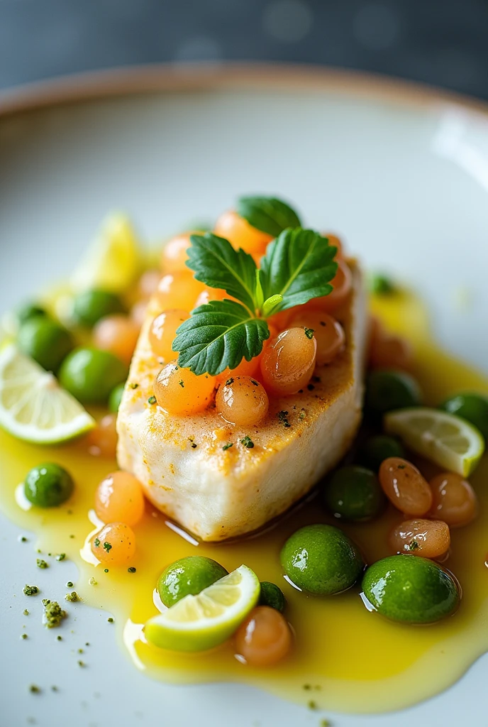 deconstruction of blonde sea bass ceviche with lime spherifications, dried fruit praline, Tiger&#39;s milk and cilantro pesto 