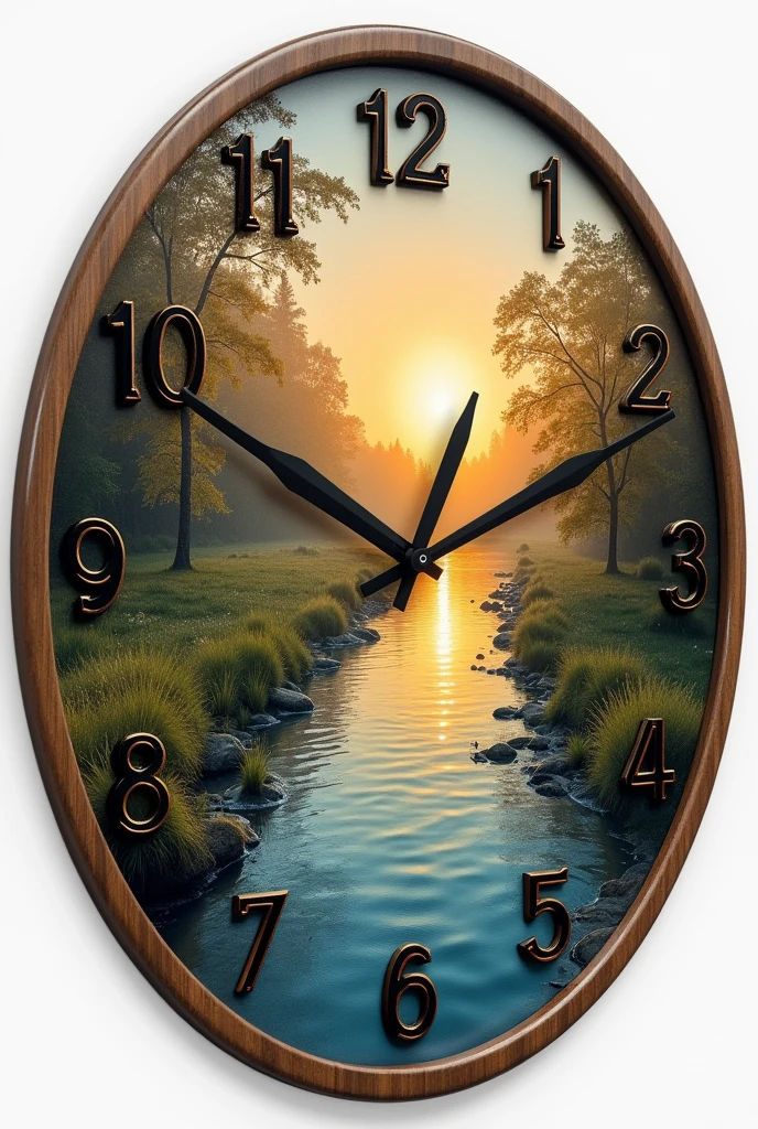 round images 30 cm in diameter, this image will be a clock, do it without the hands but put the numbers like on a wall clock, 

This clock will have a photo of nature with a river and the sun appearing 
