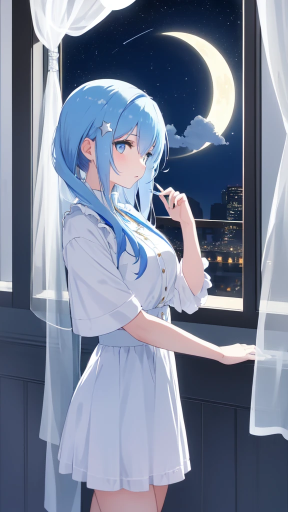 A white girl with blue hair with star hair accessories, that beautiful girl is looking at the moon from the window