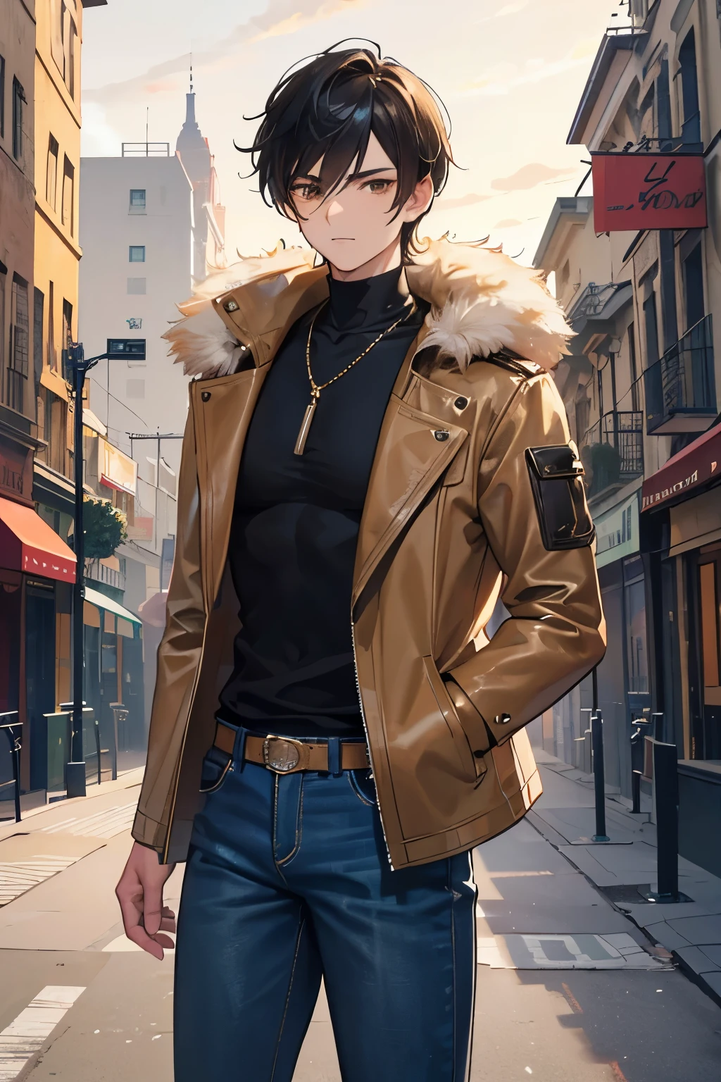 high quality.
young, masculine, very attractive. fur: light tan. Latin appearance Hair: black hair, slicked back denim jacket.
Brown eyes mixed with green, seductive look.
Excellent image quality.
sex: masculine
Fondo: city, evening, it's raining