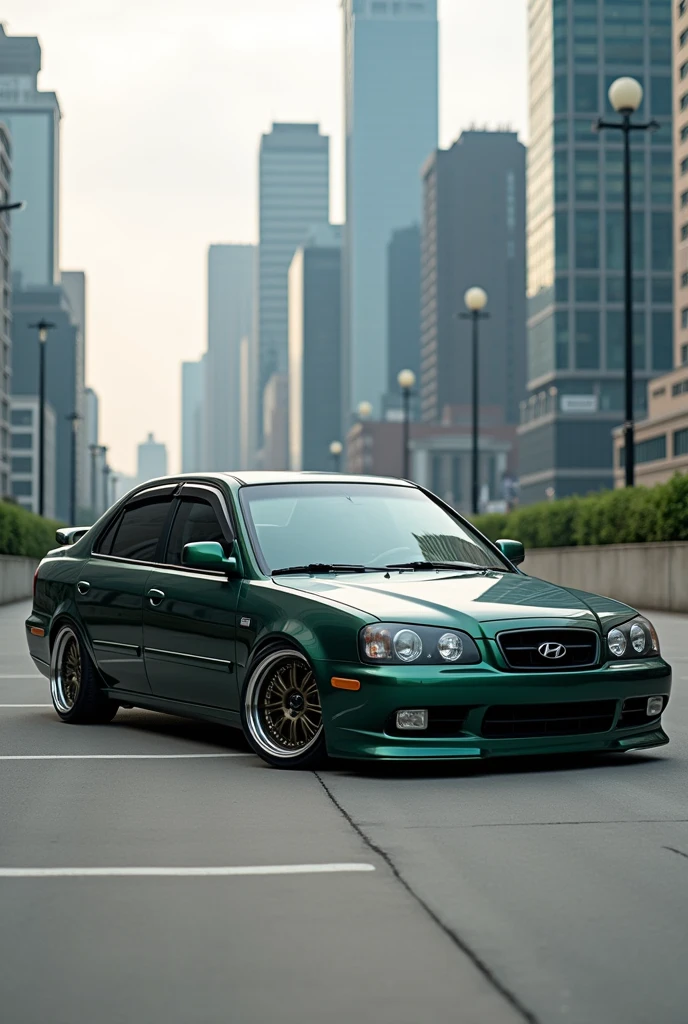 Car sedan Hyundai Elantra, model 2001, dark green color, tuned