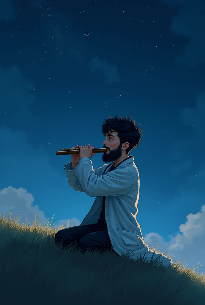 Young medium height boy with beard playing flute sitting at top of hill on a at night sky full of star asthetic painting wearing white coat sthetoscope properly over neck and black pant from back