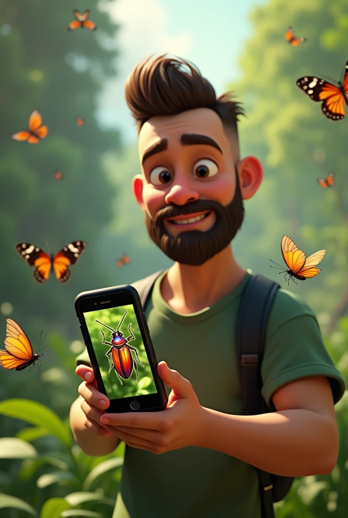 A french cut beard animated man taking pictures of lots of bugs and butterflies in nature by his mobilephone and a beautiful beetle is in front of his mobile