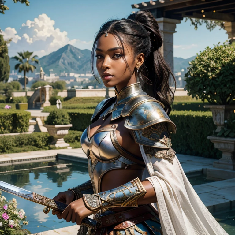 (masterpiece, best quality:1.5), highest quality, High resolution, super detailed, Realists, Upper body photo of a black female warrior, black skin, detailed and beautiful eyes, beautiful detailed lips, very detailed eyes and face, longeyelashes, Warrior in noble armor made of reflective white metal, Noble details on the armor. Beautiful and colorful makeup, ponytail hairstyle, Gardens as background, bright daylight, bright colors, fine brushstrokes, Portrait style, beautiful color palette, glowing skin, First-class rendering, that captures every detail, enchanting atmosphere, (perfect anatomy:1.2), (The stunning warrior holds a richly decorated sword in her hand. (magnificent panorama view:1.2)