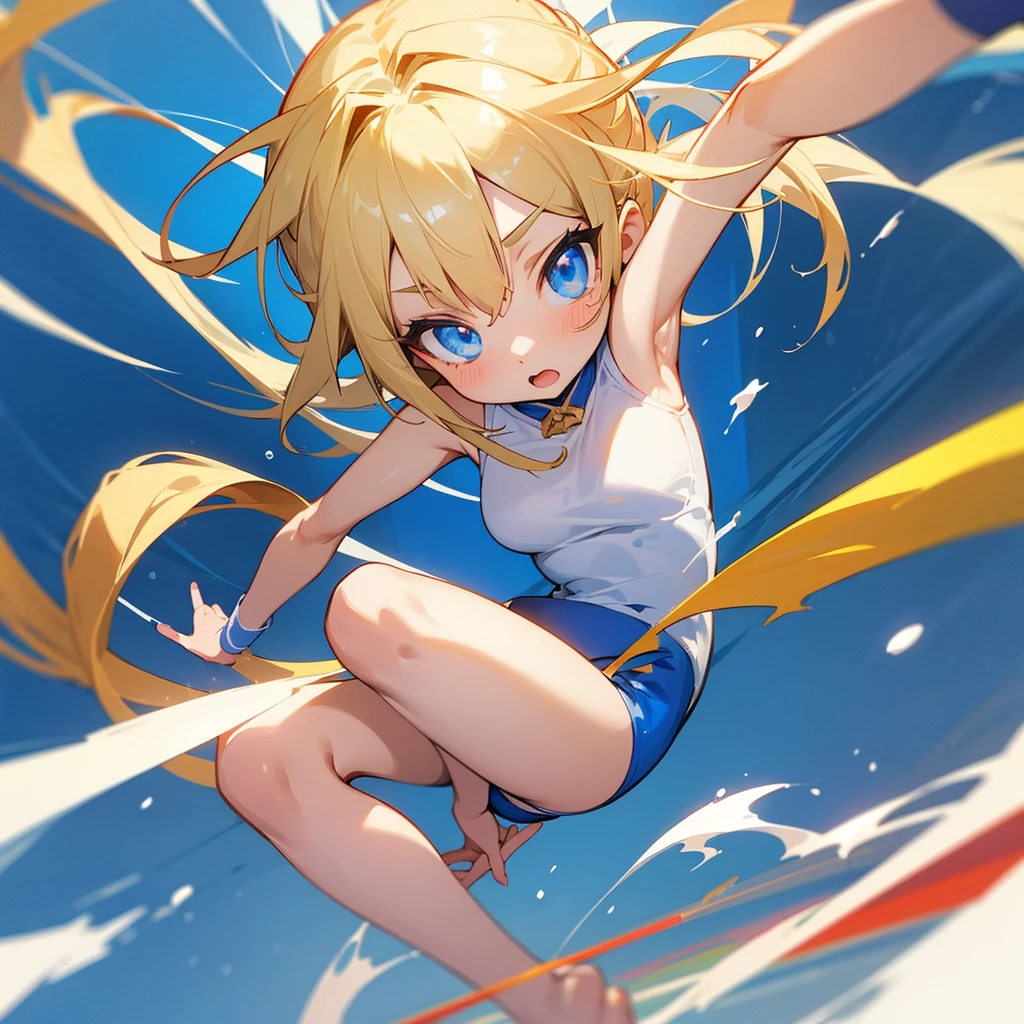 A cute girl 19 years old, blonde, blue eyes, cute, angelical, russian, gymnastic , splash art