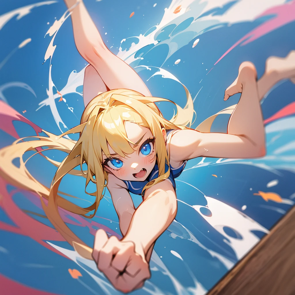 A cute girl 19 years old, blonde, blue eyes, cute, angelical, russian, gymnastic , splash art
