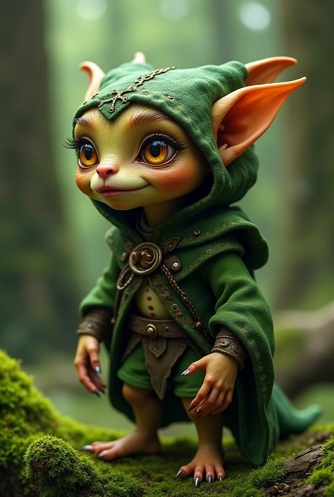 A goblin with brown eyes like tree trunks with a forest smell and her voice is very shrill and her skin is soft