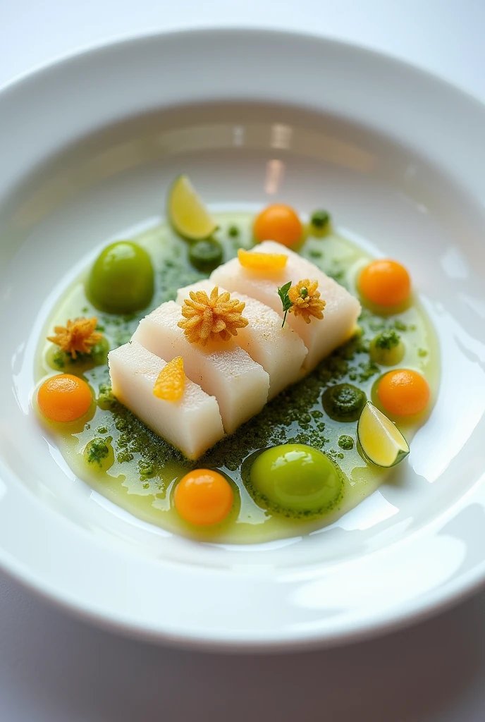 deconstruction of blonde sea bass ceviche with lime spherifications, dried fruit praline, Tiger's milk and cilantro pesto