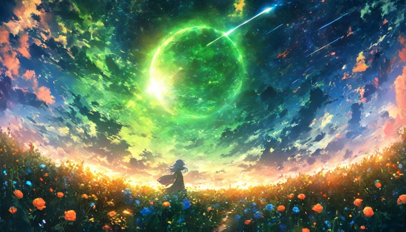 masterpiece, Concept Art, Panorama, in the center, shape, Wide Shot, garden, night, (meteor), Space galaxy background, (Great composition, Epic Scale), Dynamic Lighting, Bright colors, Blue rose,Landscape Long Eyelashes, Round eyes, Silver Hair, Half-closed eyes, sad, Cast a Shadow, Anaglyph, Stereogram, tachi-e, Atmospheric perspective, Wide Shot, reflected light, 8k, Super Detail, Highest quality, Anatomically correct, green