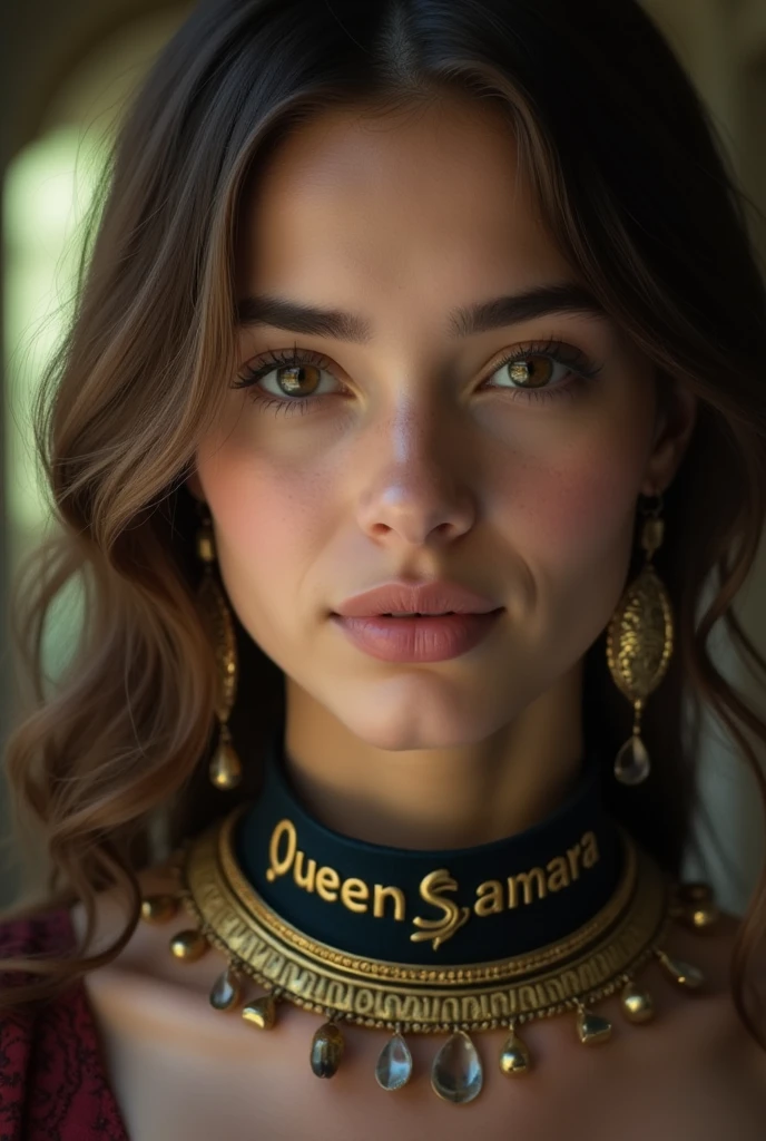 young adult woman wearing a collar with the name queen samara written on it