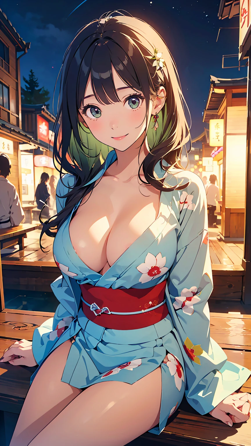Tabletop, Highest quality, Realistic, In detail, High resolution, 8k wallpaper, Perfect dynamic composition, Beautiful attention to detail, (Shiny Hair, Medium Hair, Wavy Hair), Roll Up Hair, (natural large breasts:1.8),Cute pose, (yukata, yukata, White, Pale Green), smile, 23 years old, (Droopy Eyes), Adult Beauty, Japanese, ((Seduce, Intimate Relationships)), night, Summer festival, working, sitting, looking at shops,profile,Women enjoying the festival,