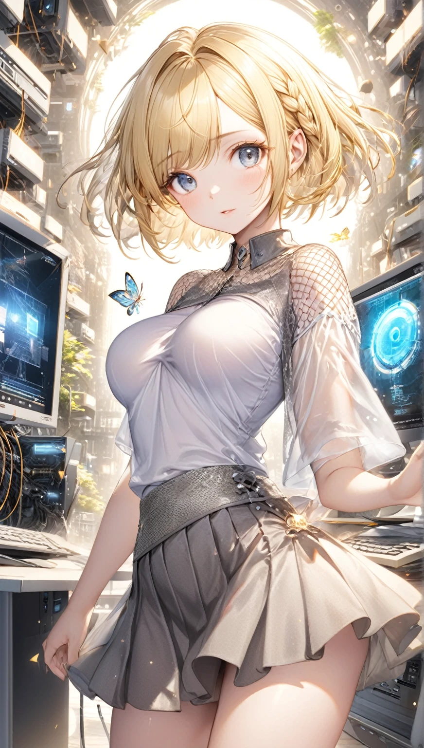 (Highest quality,8k,32K,masterpiece,Ultra-high resolution :1.2 ),born,One girl,Super cute,Natural light,Clear, shining eyes,20-year-old,Fair skin,Fantasy background of a computer-like electronic world,Blonde Hair,Hairstyle with some white mesh,short hair,Large Breasts,Grey mini skirt,The skirt flutters in the wind