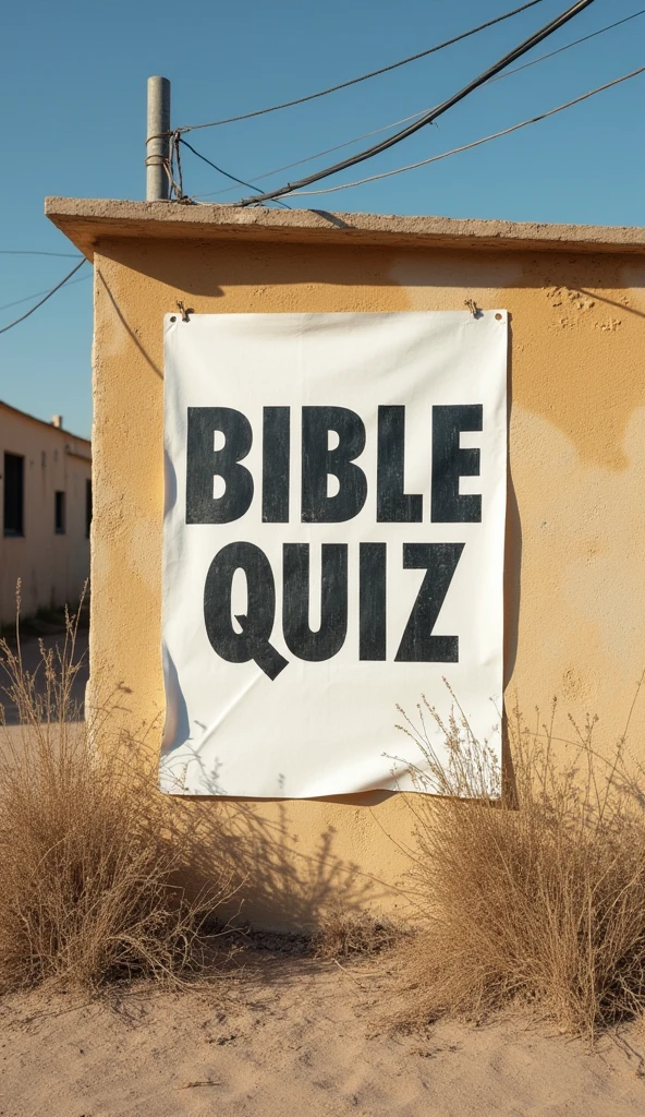 A poster on a deserted outside wall, Cut in letter format, (text:"Bible Quiz") the word, Big Bold, Draw inside the cutout, BREAK Art that inspires creators to create images, An aesthetic world that unfolds behind the characters, Add text to the bottom of the screen, (text:"Break the barriers of creativity!")