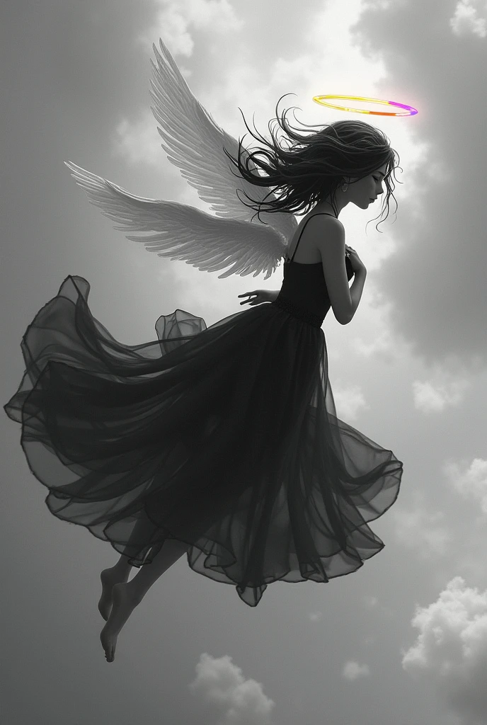 Angel girl falling from the sky, She hugs herself as she falls from the sky,She has a black and white dress and her wings are broken.,black and white hair, rainbow halo,