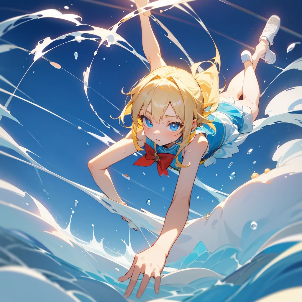 A cute loli girl 19 years old, blonde, blue eyes, cute, angelical, russian, gymnastic , splash art 