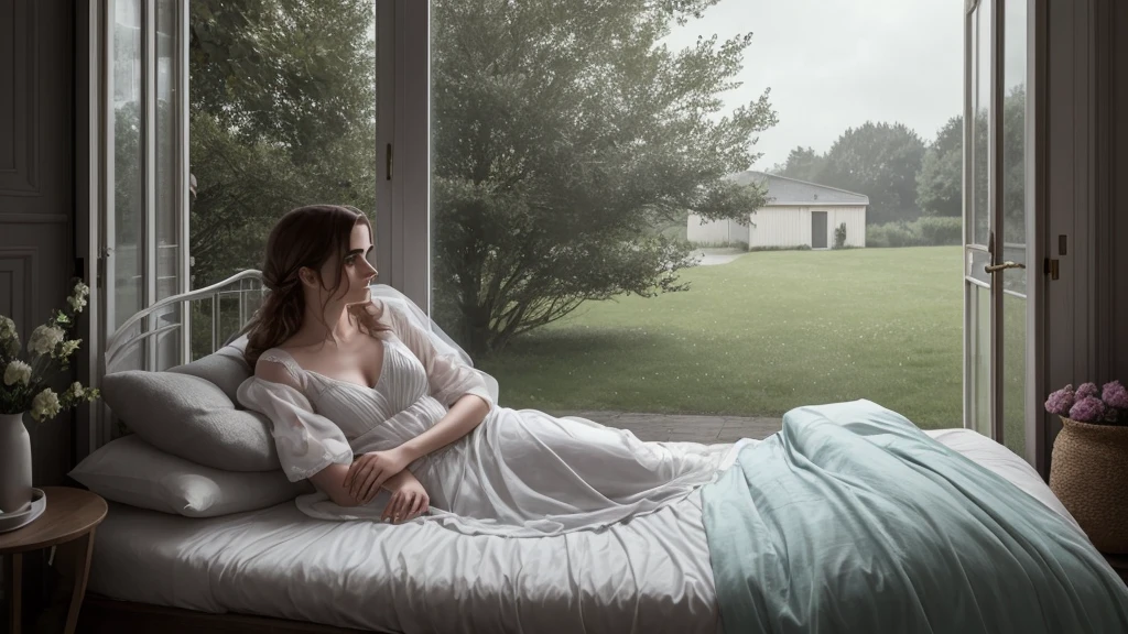 il y a une femme allongée dans son lit dans une camionnette avec une fenêtre ouverte, une peinture hyperréaliste inspirée de Gregory Crewdson, tendance sur les pexels, réalisme fantastique, esthétique de la pluie, Emma Watson au lit, il pleut comme un rêve, image fixe d&#39;un film, capture d&#39;écran d&#39;un film, tournage d&#39;un film hyperréaliste, comme des larmes sous la pluie, il est temps de mourir