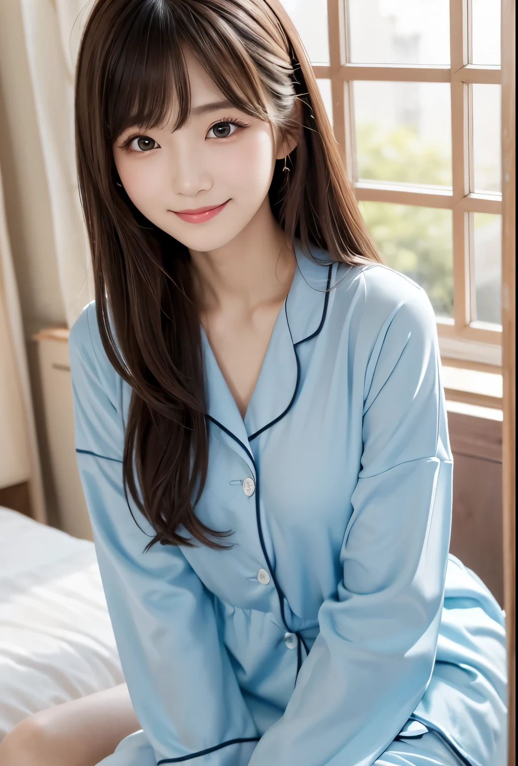 masterpiece、Highest quality、whole body、One Girl、bangs、Japanese、黒髪のLong Hair、Long Hair、Gazing at the audience、window、morning、light blue、pajamas、smile、alone、Stylish woman、Pastel colored outfits、front、Luxury background elements、Confident expression、Modern and trendy、Fashion focused
