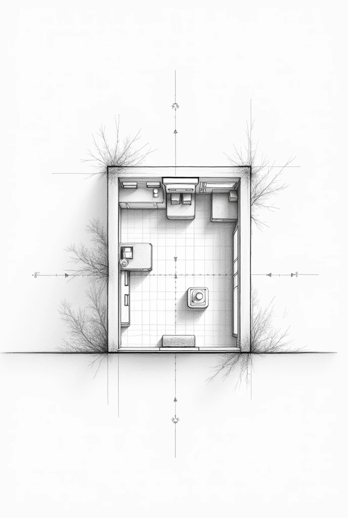 Pencil drawing of a plan of a level 1 veterinary laboratory, a reception room, work room

