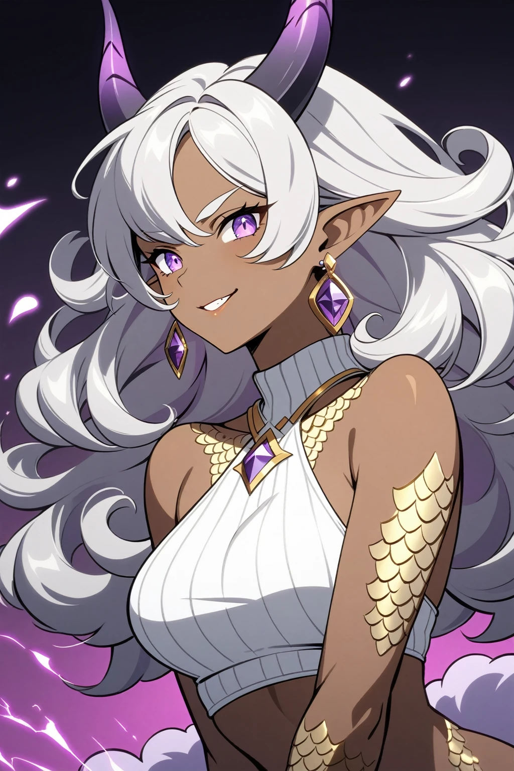 Genshin Impact art style, (dark-skinned woman: 1.4), (silver lizard scales on body: 1.4), portrait, (curvaceous body: 1.3), medium breasts, wide hips, (large black demon horns: 1.3), (long curly fluffy hairstyle: 1.2), (silver hair: 1.1), glowing violet eyes, very long pointy ears, (amethyst and gold jewelry and earrings: 1.2), black nails, cool expression, small grin, (white and black ribbed halter top: 1.3), midriff, (sassy pose: 1.2), purple aura, dark gradient background, (dark lighting:1.25), 1girl, solo