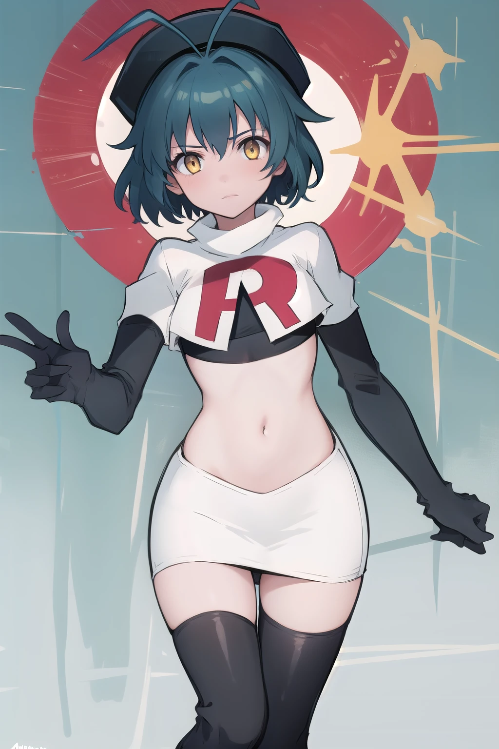 best quality, (masterpiece:1.2), illustration, absurdres, (1girl), (beautiful detailed girl),
Millium Orion, blue hair, short hair, antenna hair, ahoge, yellow eyes,  flat chest,
black hat, headwear,
team rocket,team rocket uniform,white skirt,red letter R,crop top,black thigh-highs,black elbow gloves, 
looking at viewer,