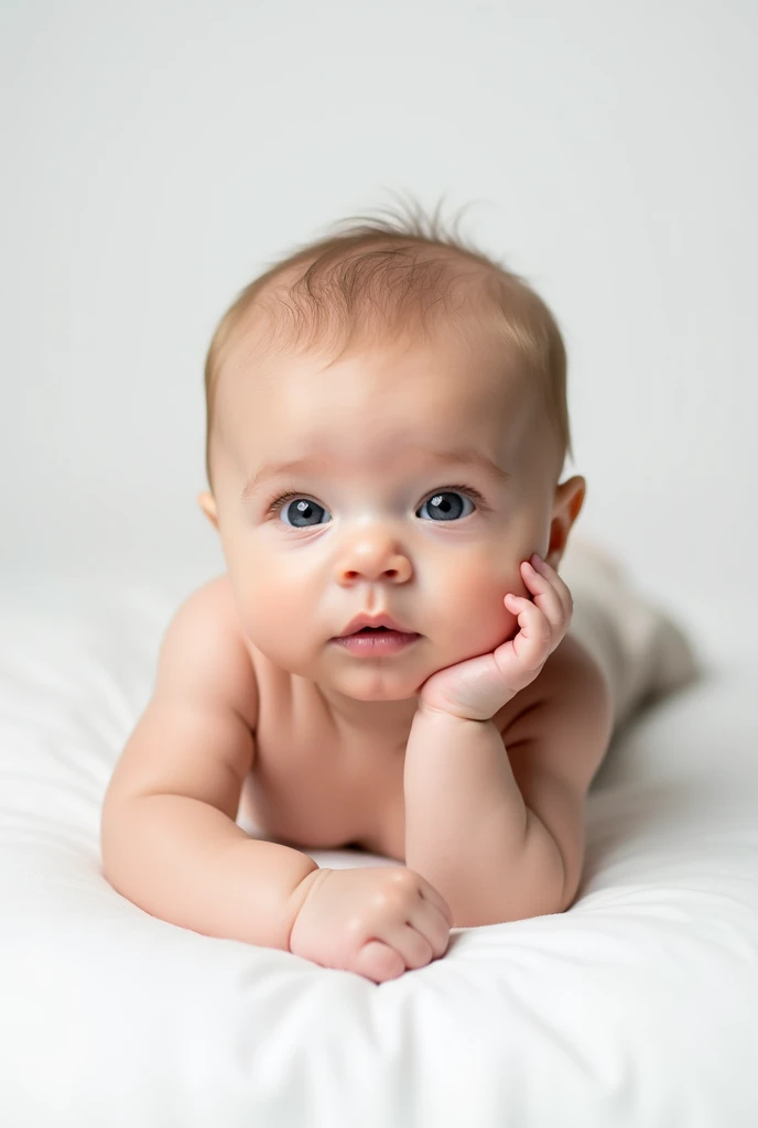 Baby lying on his stomach with his face under his hand looking at the viewer,  lying on white background as if in a New Born photoshoot, the baby wears neutral clothes