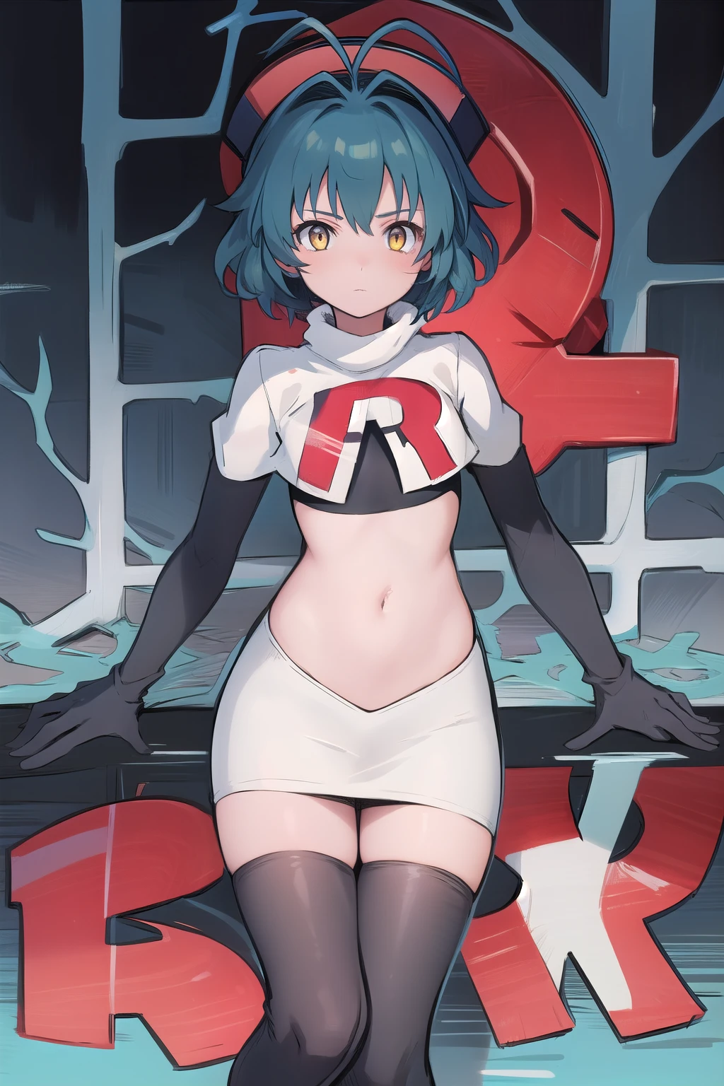 best quality, (masterpiece:1.2), illustration, absurdres, (1girl), (beautiful detailed girl),
Millium Orion, blue hair, short hair, antenna hair, ahoge, yellow eyes,  flat chest,
black hat, headwear,
team rocket,team rocket uniform,white skirt,red letter R,crop top,black thigh-highs,black elbow gloves, 
looking at viewer,