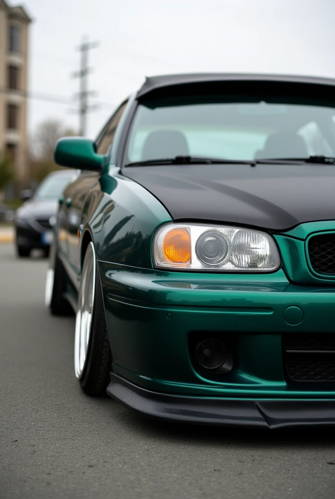 Car sedan Hyundai Elantra, model 2001, dark green color, tuned, black cover