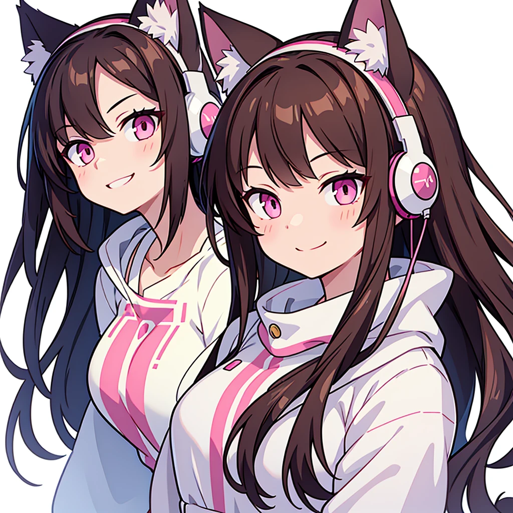 Anime girl, with pink eyes, brunette, long hair, White background, wearing cat ear headphones, winked, smiling