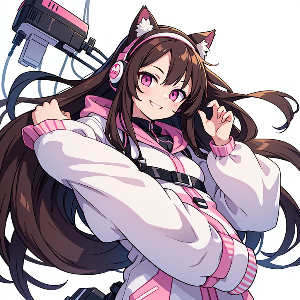 Anime girl, with pink eyes, brunette, long hair, White background, wearing cat ear headphones, winked, smiling