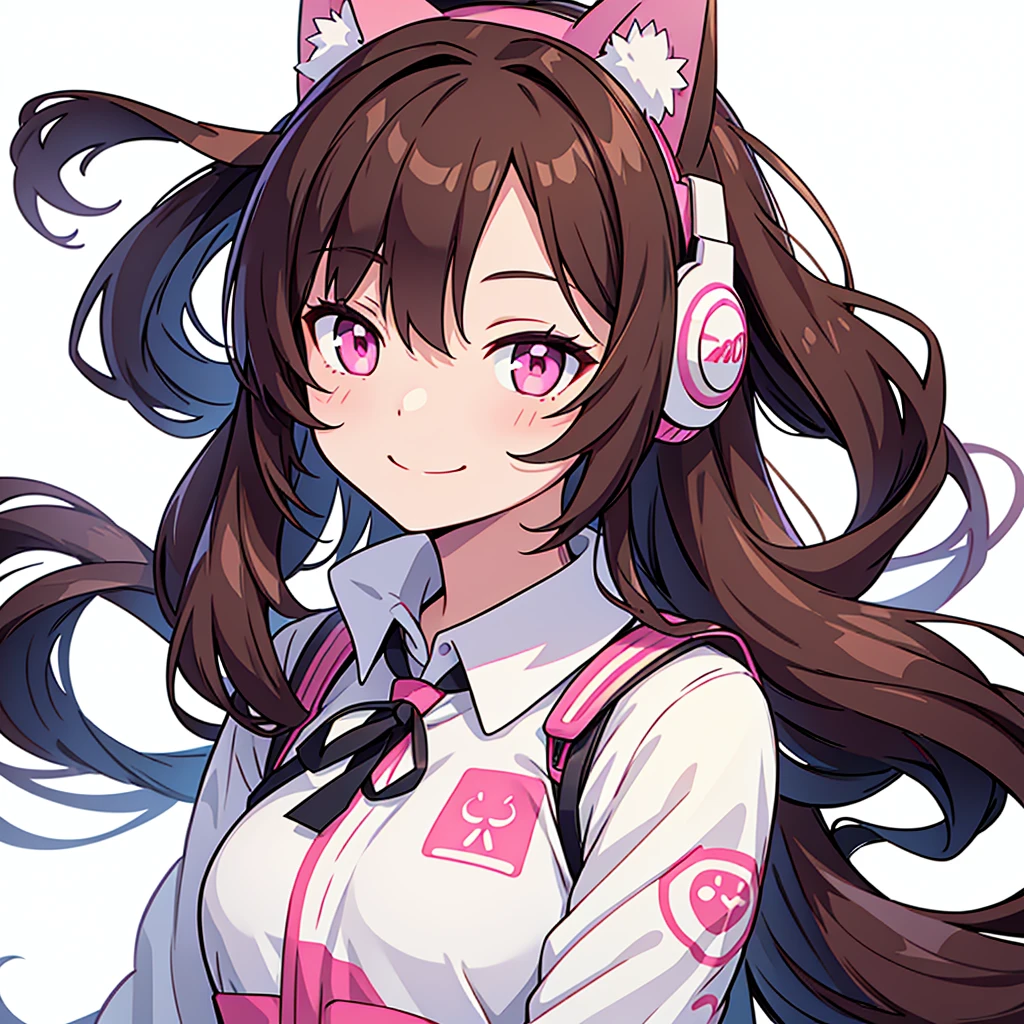 Anime girl, with pink eyes, brunette, long hair, White background, wearing cat ear headphones, winked, smiling