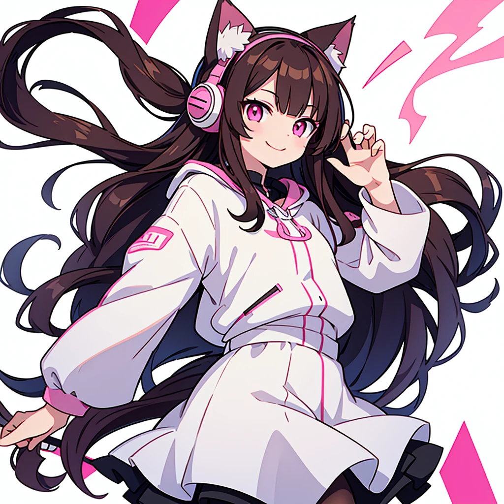 Anime girl, with pink eyes, brunette, long hair, White background, wearing cat ear headphones, winked, smiling