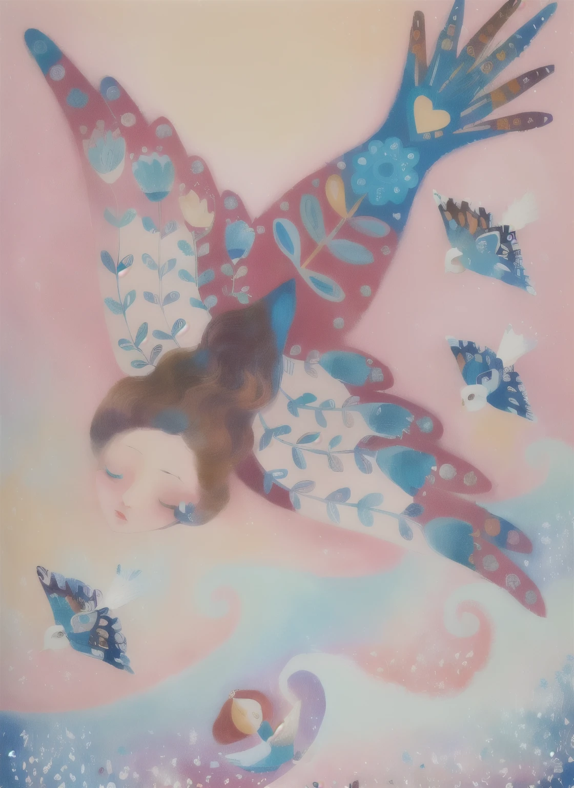 painting of a woman flying with a bird and a birdie, inspired by Laurel Burch, whimsical art, inspired by Pacita Abad, clouds and wings and waves, she is floating in the air, by Pacita Abad, ethereal angelic being of light, dreamy illustration, spreading her wings, dreamy art, illustrated in whimsical style, folkloric illustration