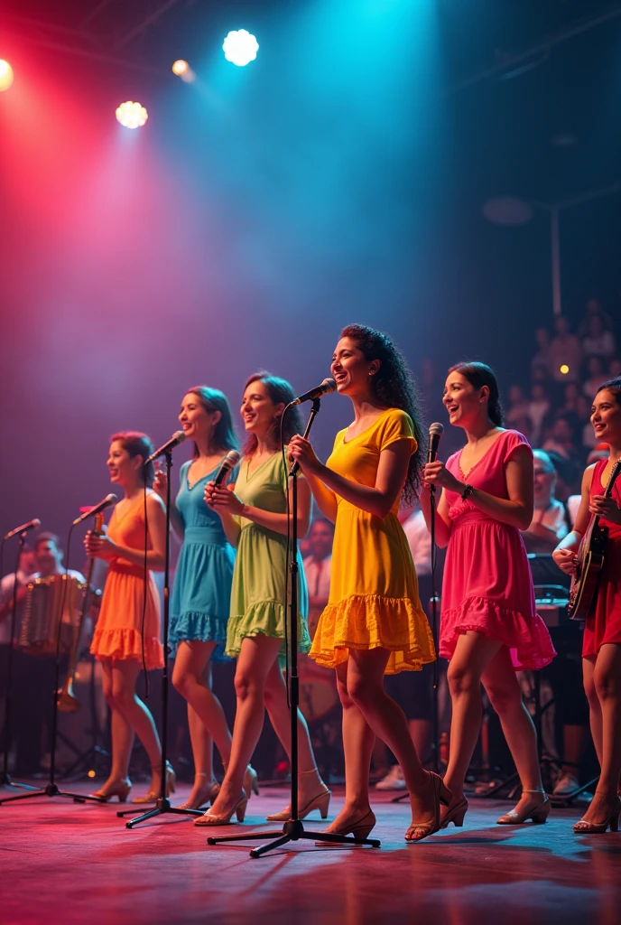 A row of microphones singing on a stage, very cheerful dresses, with musical instruments such as accordion, maracas, guitar, trumpet and harp 