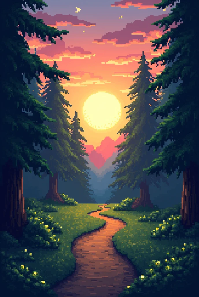 Create a sunset in the forest but the image is the entire pixel art box, a square, not a rectangle.