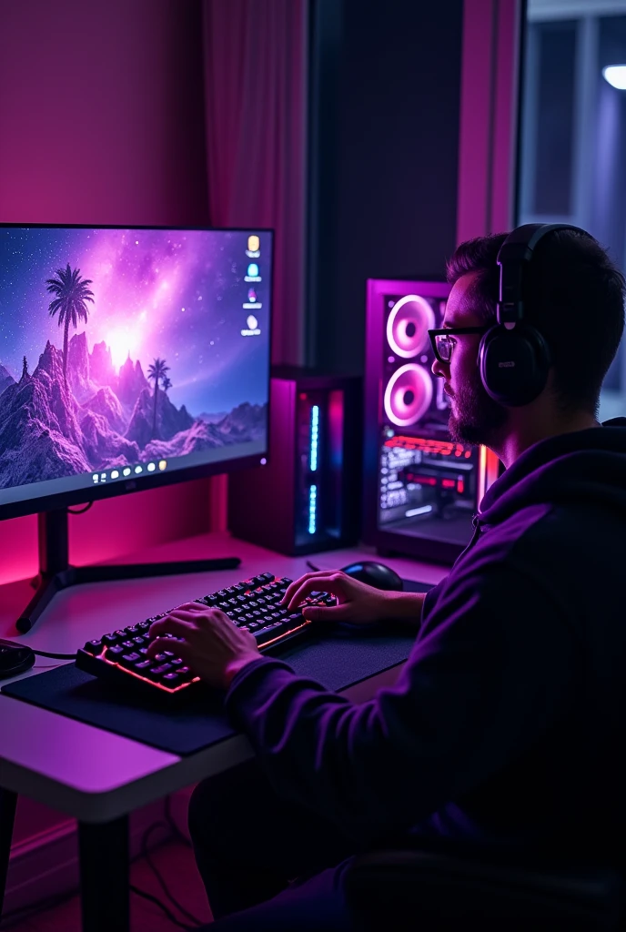 pc gamer, 2 black monitors, gaming keyboard, 1 mouse, headphones, gabinete gamer.
rgb violet.
