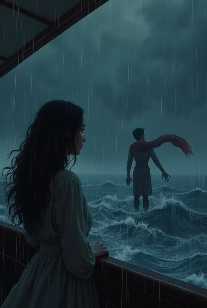  A woman is sailing on a ship on a dark night while it is raining, she is watching the sea, her hair is wavy. A young man is watching that woman from afar, he is reaching out to the sea with a scarf in his hand. 