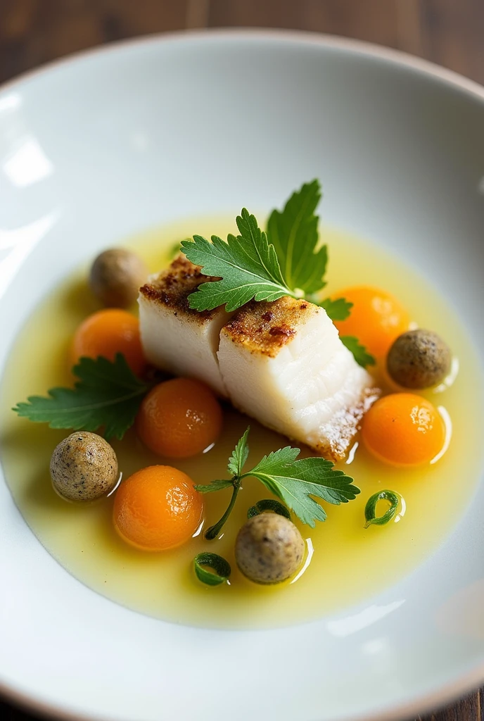 deconstruction of blonde sea bass ceviche with lime gel, dried fruit praline, Tiger's milk and cilantro spheres