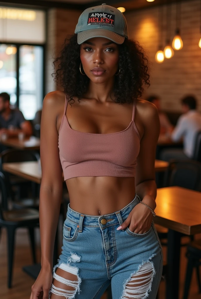 Akilah, culturiste, Casquette de baseball, jean moulant et haut court, 30 ans, Manger dans un restaurant, bottes en latex, ((tir sur tout le corps)) gros cul exposé,fille sexy.