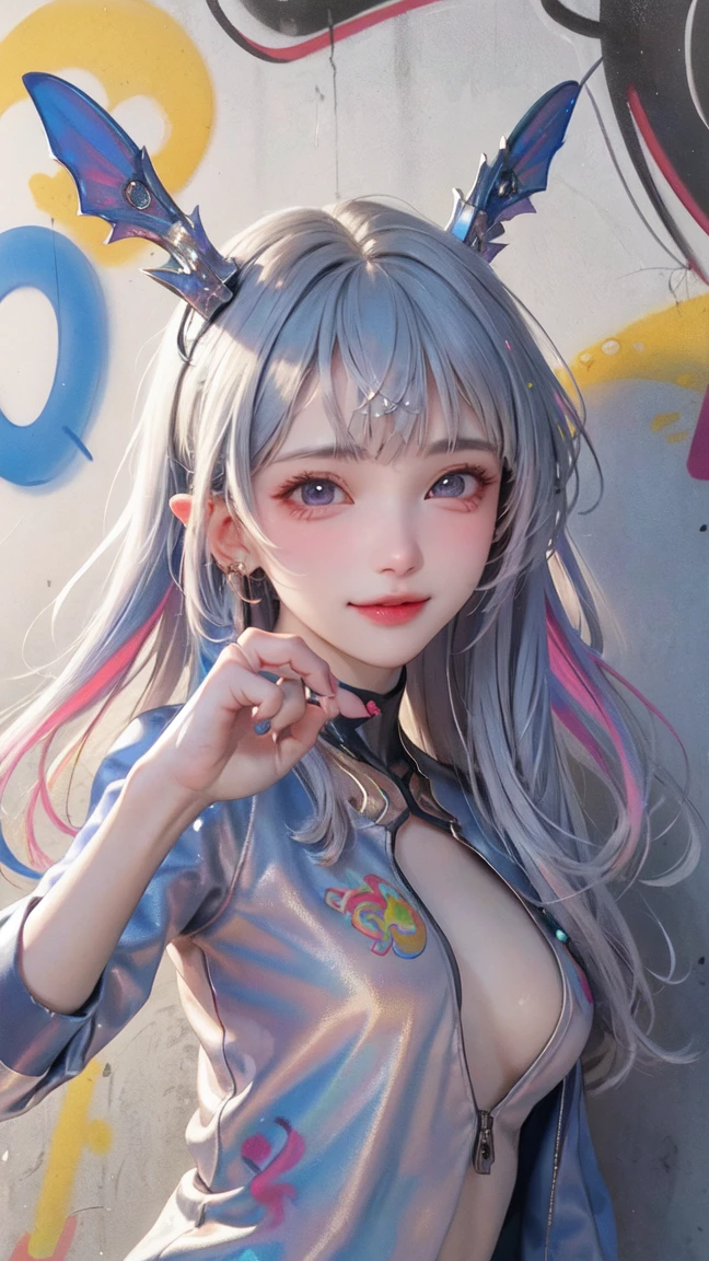 masterpiece, Extremely detailed CG8K painting, high color, Extremely high color saturation, All colors are deepened, painting, graffiti art, central composition, Extremely detailed light and shadow, graffiti wall, The walls are painted bright colors, 1 girl graffiti 1 girl looking at the wall, The face and eyes are very detailed, medium length hair, sportswear, colorful clouds, nipple out 2 , 1 finger challenge
