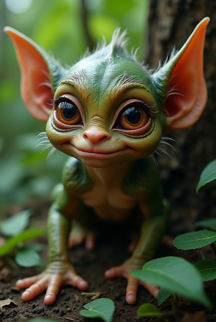 A goblin with brown eyes like a tree trunk with the scent of the forest and has a shrill voice and soft skin.