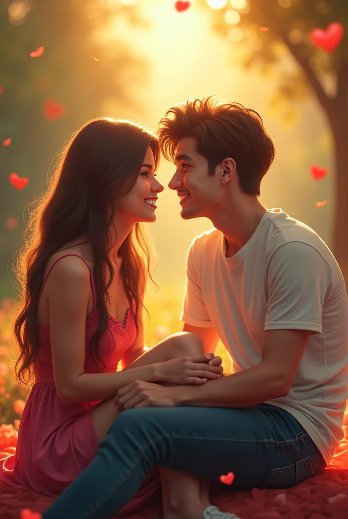 Two cute beutiful couple sitting with each other lots of love emoji (realistic)