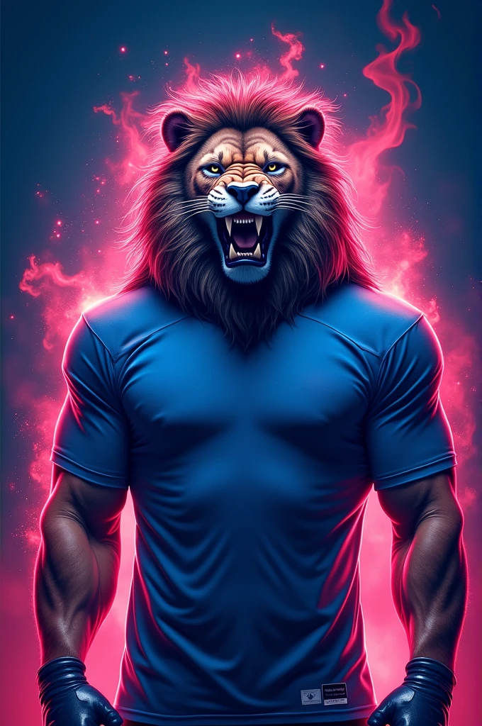Blue football uniform style t-shirt with pink flames and a snarling lion