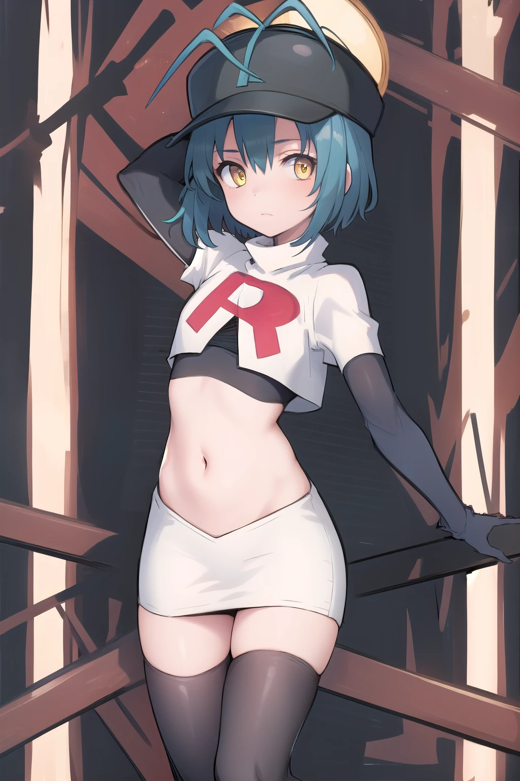 best quality, (masterpiece:1.2), illustration, absurdres, (1girl), (beautiful detailed girl),
Millium Orion, blue hair, short hair, antenna hair, ahoge, yellow eyes,  flat chest,
black hat, headwear,
team rocket,team rocket uniform,white skirt,red letter R,crop top,black thigh-highs,black elbow gloves, 
looking at viewer,