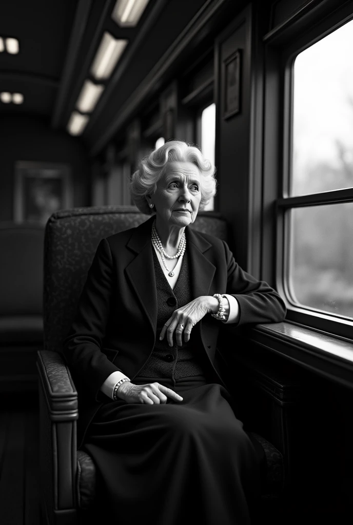 Aghata Christie old detailed, Traveling on a train, realistic and black and white.