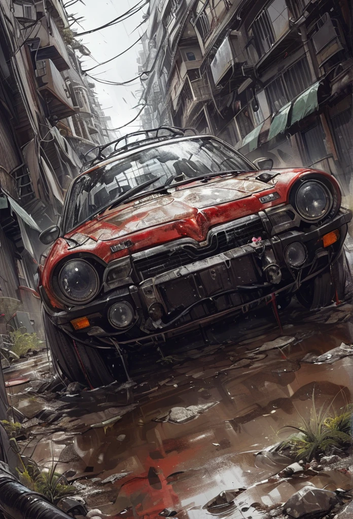 amazing quality, masterpiece, best quality, hyper detailed, ultra detailed,photo, winter, dark, dusk, an abandoned old car toyota corolla ke 35, an overgrown , frame weathered and worn,rust stains and spots
