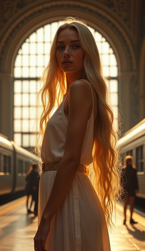 beautiful lady blonde, long wavy blonde hair, full body, strength and beauty, high quality, realistic, traditional, warm tones, dramatic lighting in train station