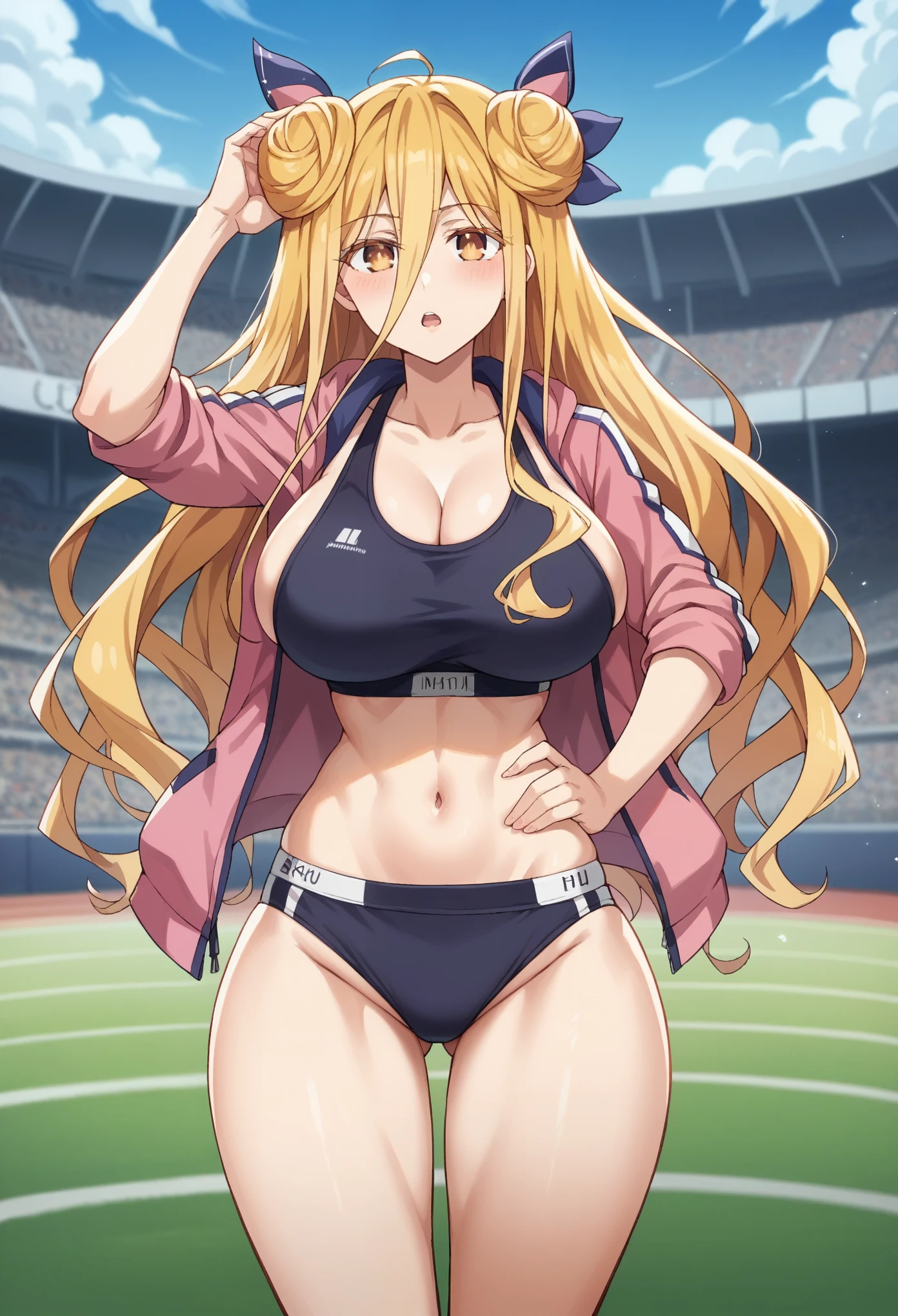 Score_9, Score_8_up, Score_7_up, source_anime, 1girl, perfect lighting, very aesthetic, intricate details, very detailed background, masterpiece, high quality, perfect hands, best quality, solo, mukurohoshimiya, mukurohoshimiya, long hair, blonde hair, hair between eyes, yellow eyes, double bun, blush, thin waist, wide hips, beautiful eyes, big breasts, thick thighs, sports bra, sports panties, sweatshirt , open jacket,
open mouth, hand on head, wiping forehead, hand on hip,
standing,
Outdoor, athletic field, arena, sports field,
(Beautiful and big breasts: 1.5), natural breasts,