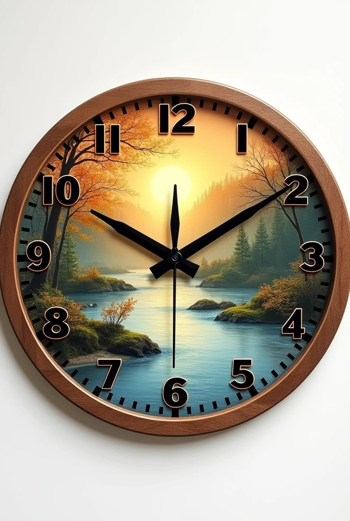 round images 30 cm in diameter, this image will be a clock, do it without the hands but put the numbers like on a wall clock, 

This clock will have a photo of nature with a river and the sun appearing. Remove the pots from the image., and leave the image in the front position