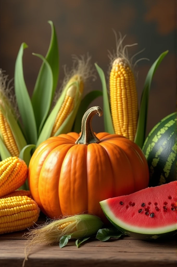 Create a still life with warm colors in which the following elements can be observed:: pumpkin, corn and watermelon